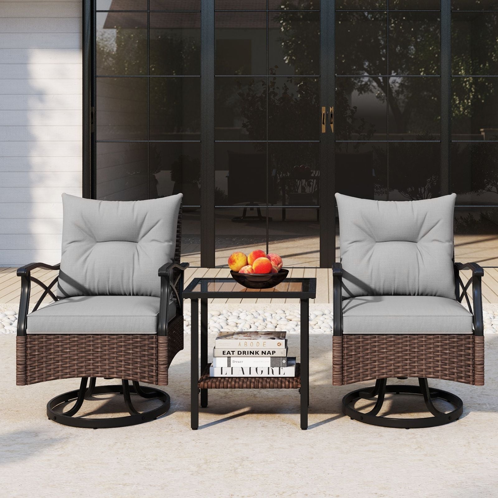 3 Piece Patio Swivel Rocker Set with 2-Tier Coffee Table