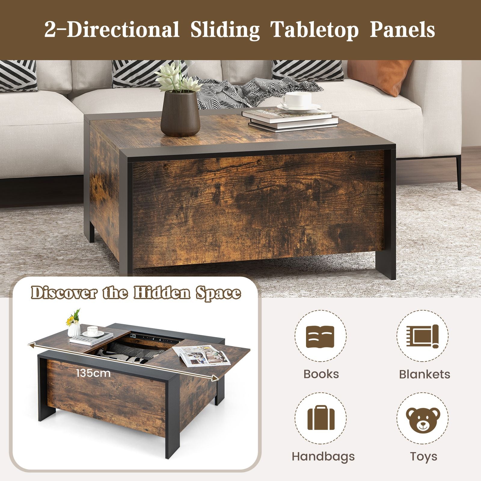 92Cm Square Coffee Table with Sliding Top and Hidden Compartment