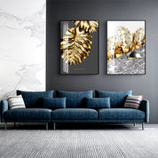 Nordic Golden Abstract Leaf Flower Wall Art Canvas Painting Black White Feathers Poster Print Wall Picture for Living Room Decor