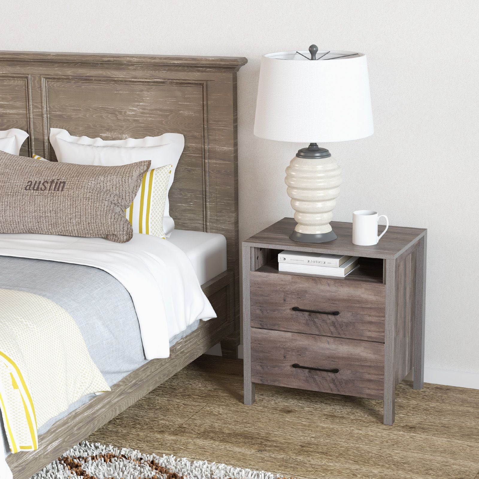 Farmhouse Nightstand Bed Side Table with 2 Drawers