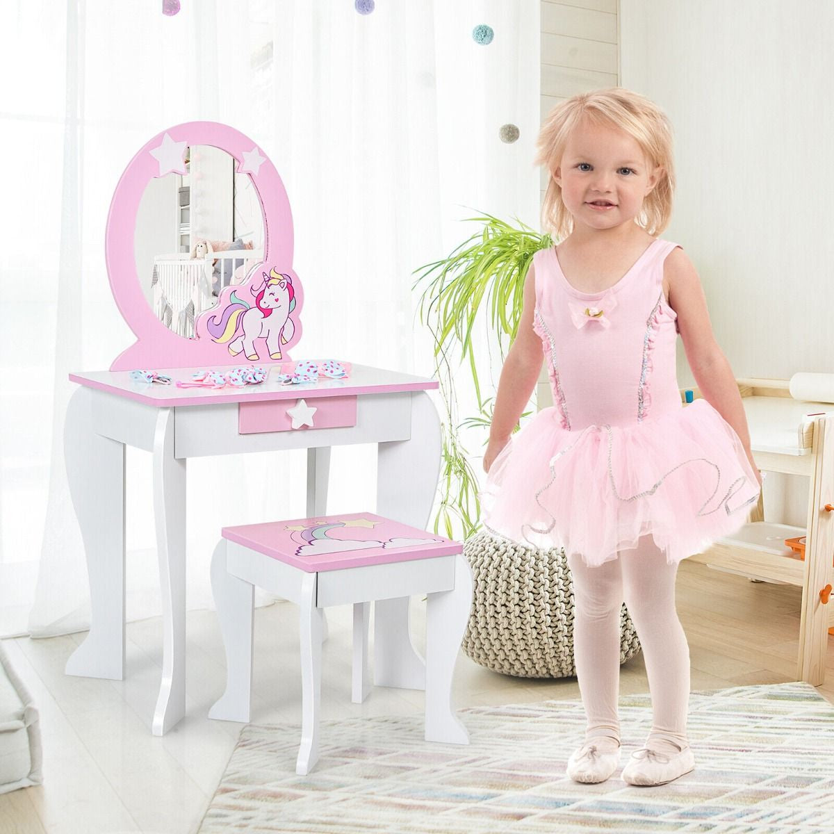 Kids Vanity Table and Chair Set with Mirror and Detachable Top