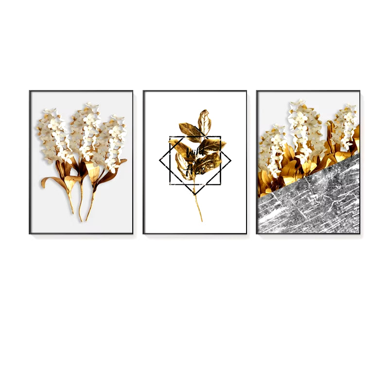 Nordic Golden Abstract Leaf Flower Wall Art Canvas Painting Black White Feathers Poster Print Wall Picture for Living Room Decor