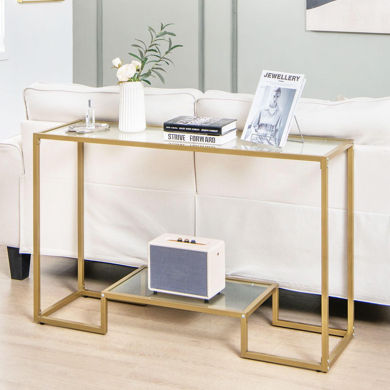 Entryway Hallway Table with Anti-Tipping Kit and Tempered Glass Shelves