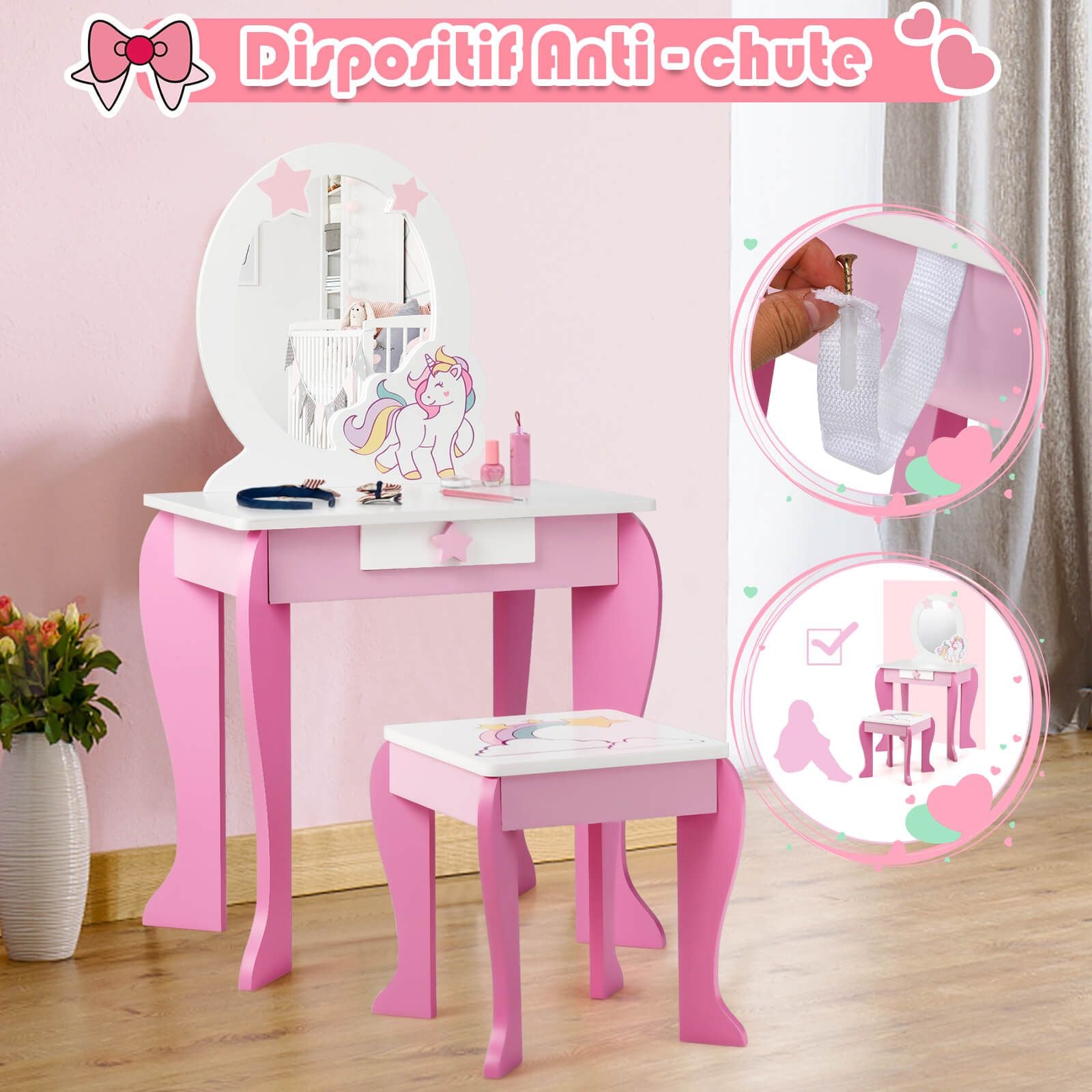 Kids Vanity Table and Chair Set with Mirror and Detachable Top