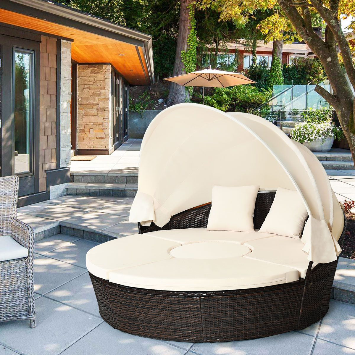 Outdoor round Daybed with Waterproof Removable Cushions and Height Adjustable Coffee Table