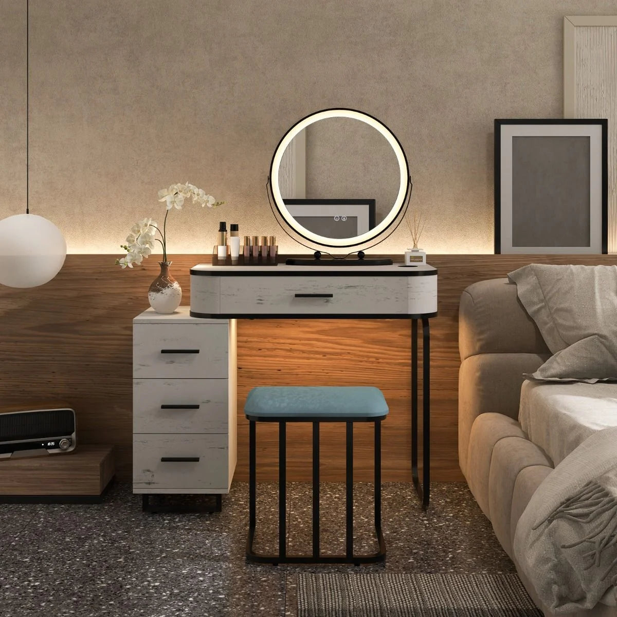 Vanity Table and Stool Set with 3-Color Touch Screen Lighted Swivel Mirror