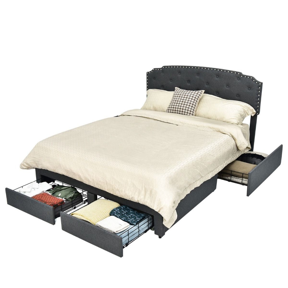 Upholstered Double Bed Frame with 4 Storage Drawers and Adjustable Headboard