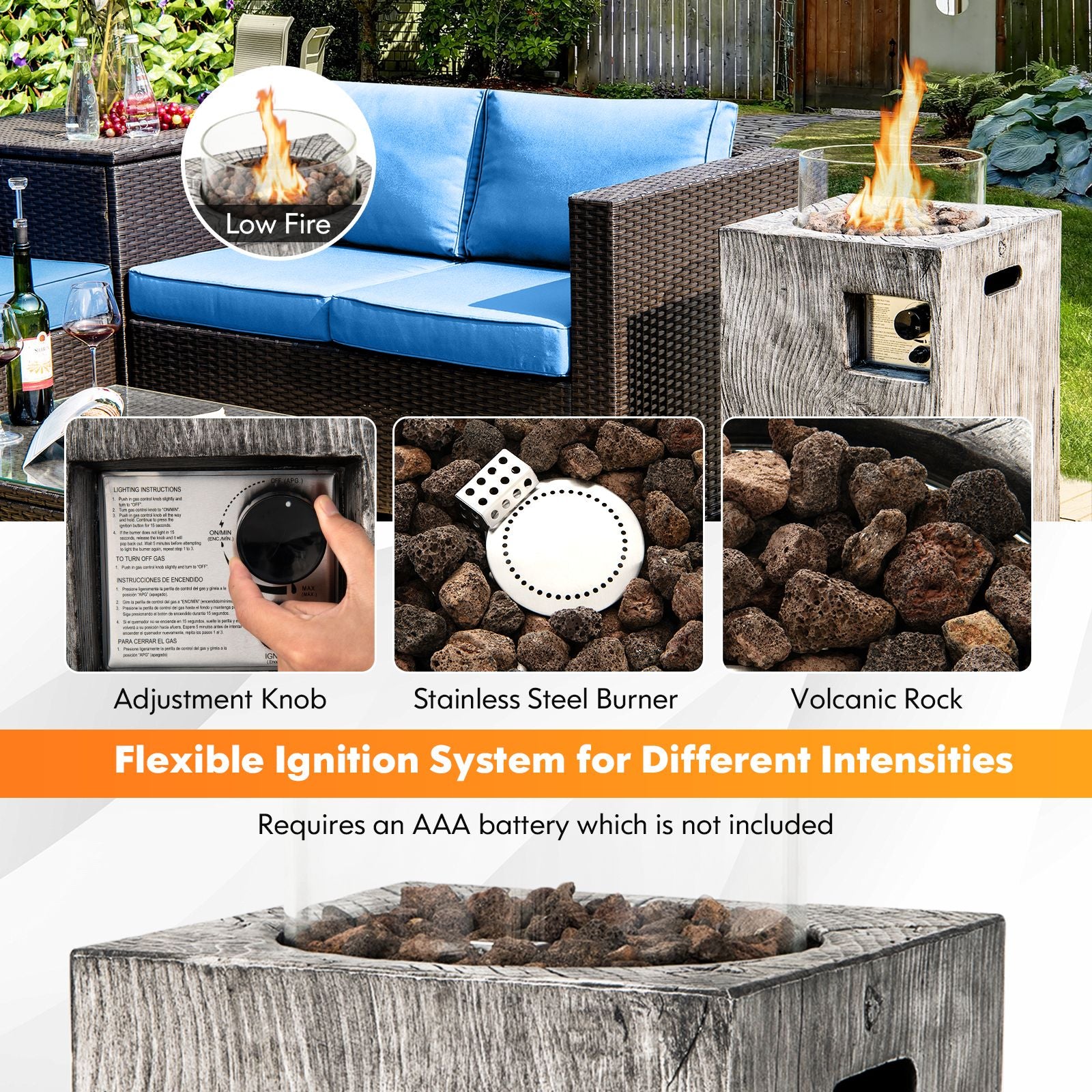 8.79 KW Propane Gas Fire Pit Table with Glass Wind Guard