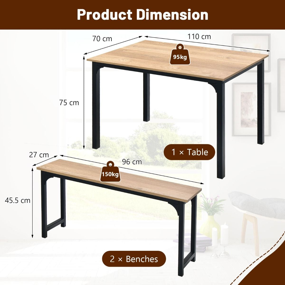 3 Pieces Space-Saving Dining Breakfast Table Set with 2 Benches