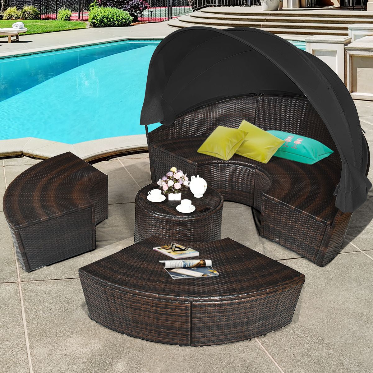 Outdoor Wicker Daybed, Patio round Sectional Furniture Set