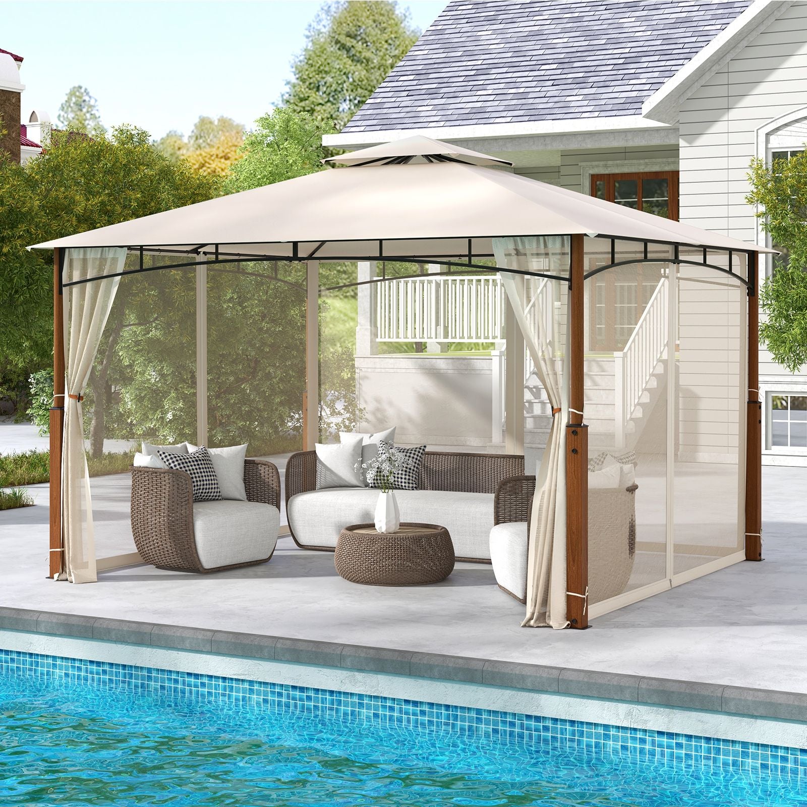 360 X 300Cm Outdoor Patio Gazebo Metal Frame Soft Top Tent with Netting