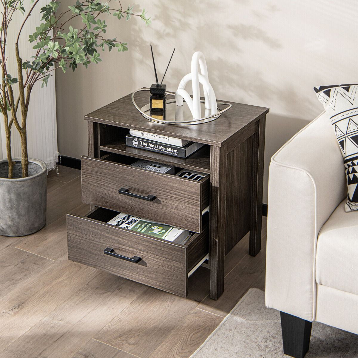 Modern Wooden Nightstand with 2 Drawers and Open Storage Shelf