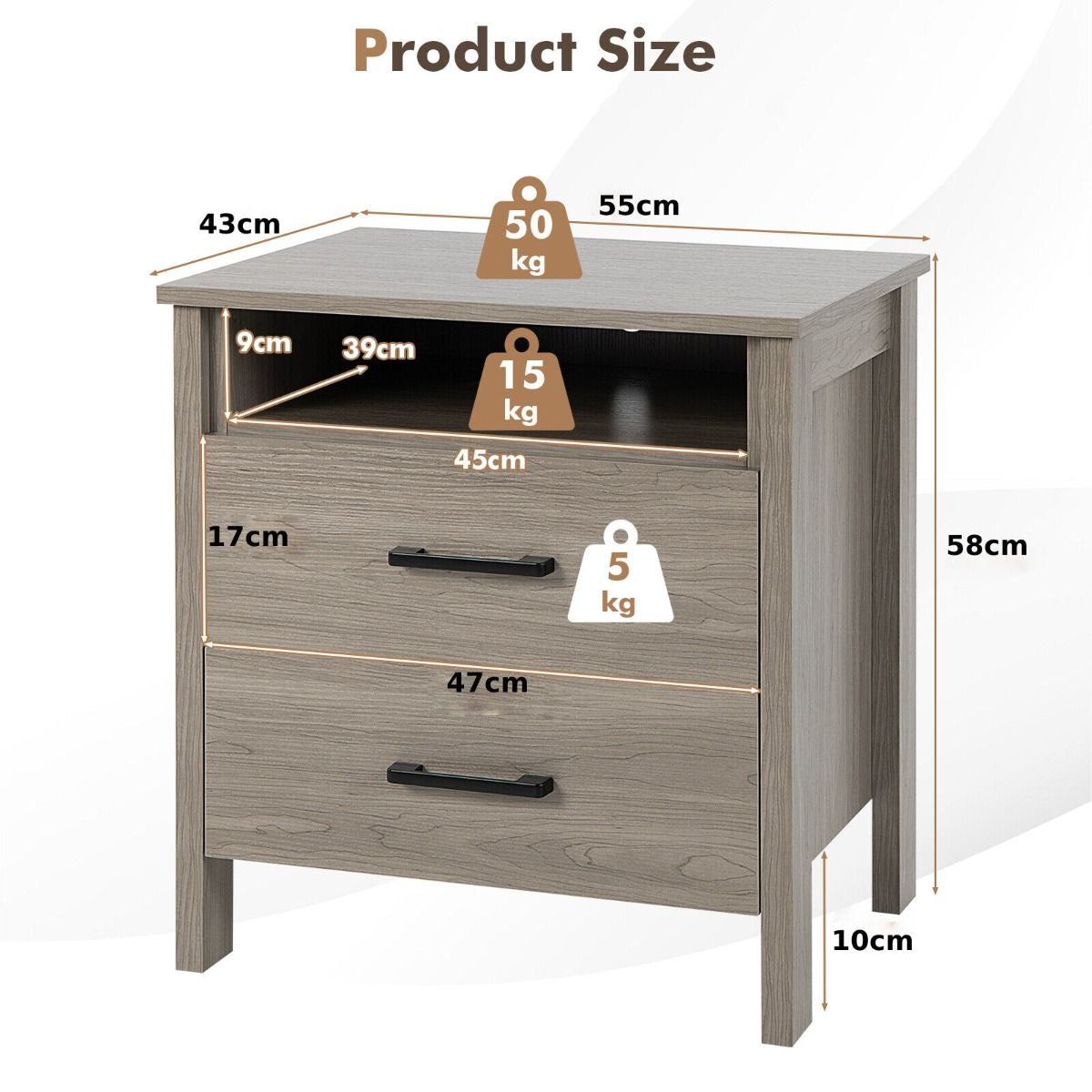 Modern Wooden Nightstand with 2 Drawers and Open Storage Shelf