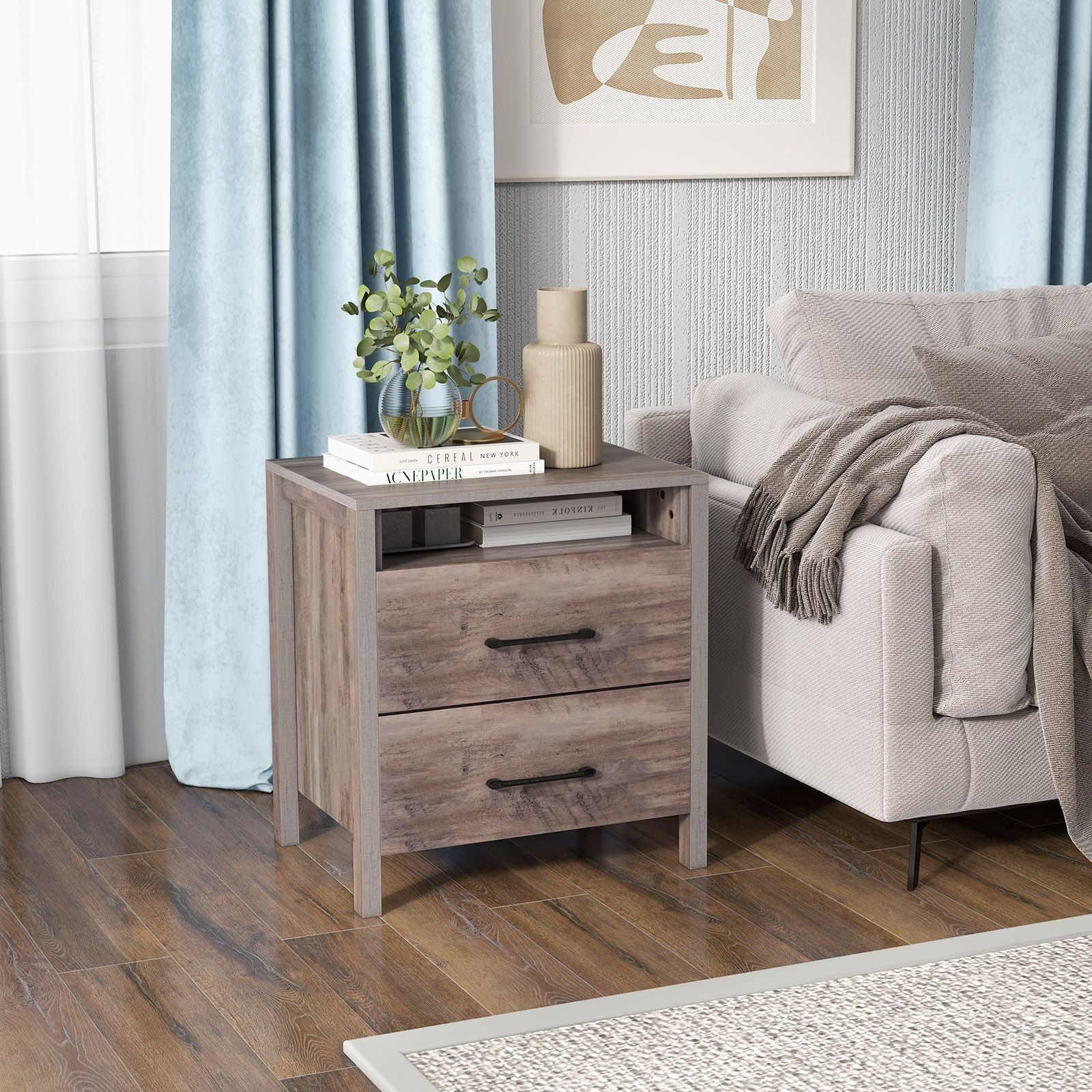 Farmhouse Nightstand Bed Side Table with 2 Drawers