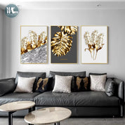 Nordic Golden Abstract Leaf Flower Wall Art Canvas Painting Black White Feathers Poster Print Wall Picture for Living Room Decor