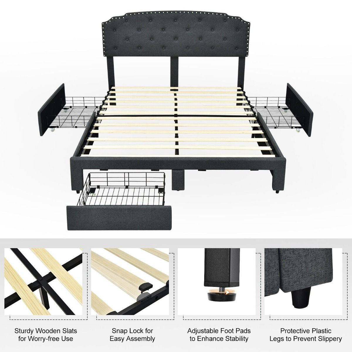 Upholstered Double Bed Frame with 4 Storage Drawers and Adjustable Headboard