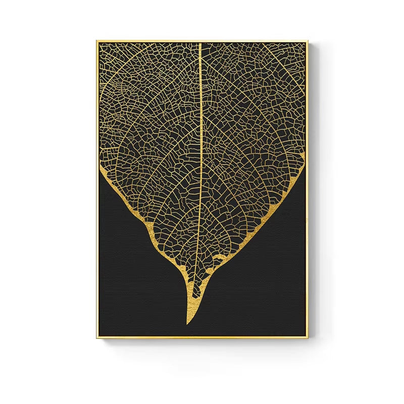 Nordic Golden Abstract Leaf Flower Wall Art Canvas Painting Black White Feathers Poster Print Wall Picture for Living Room Decor