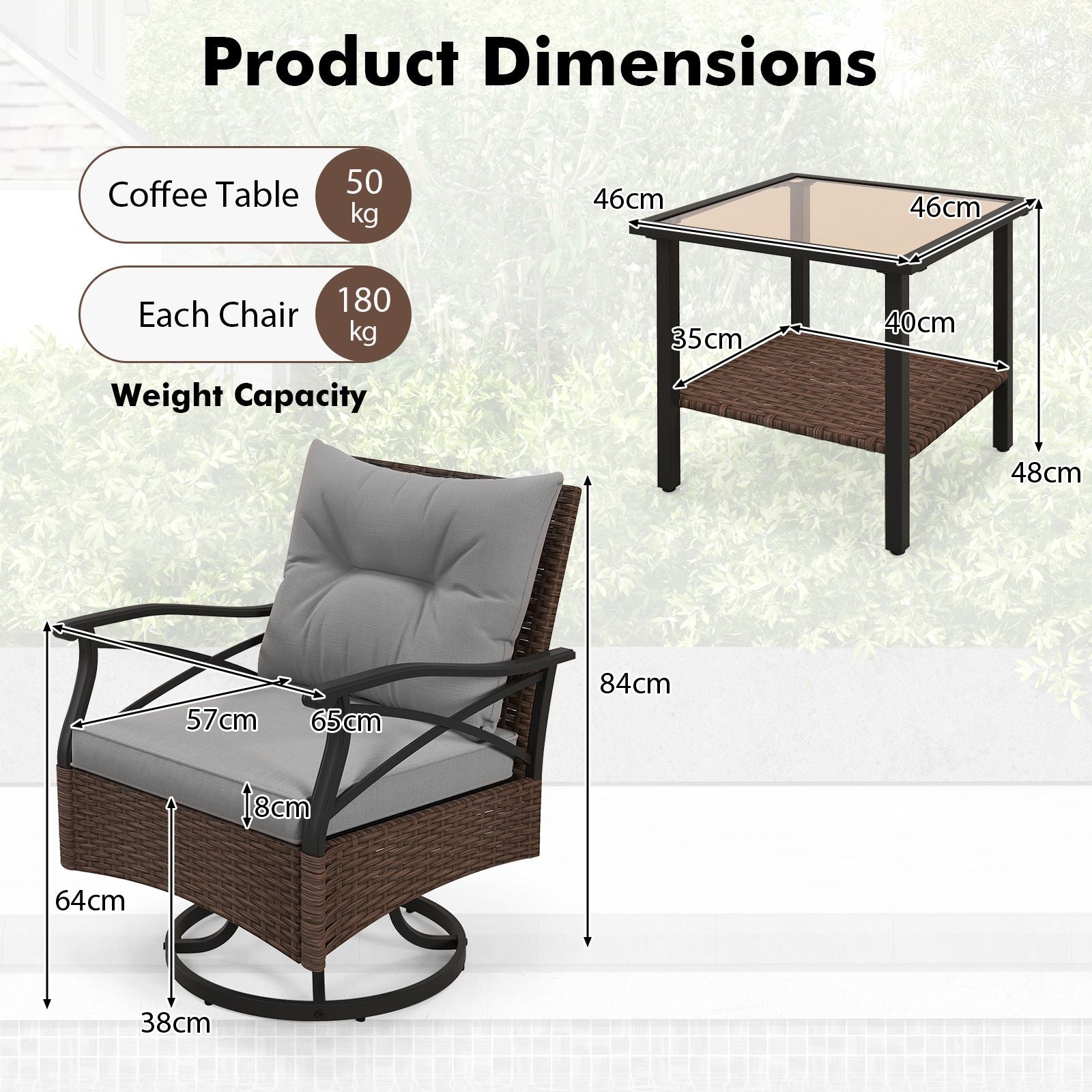 3 Piece Patio Swivel Rocker Set with 2-Tier Coffee Table