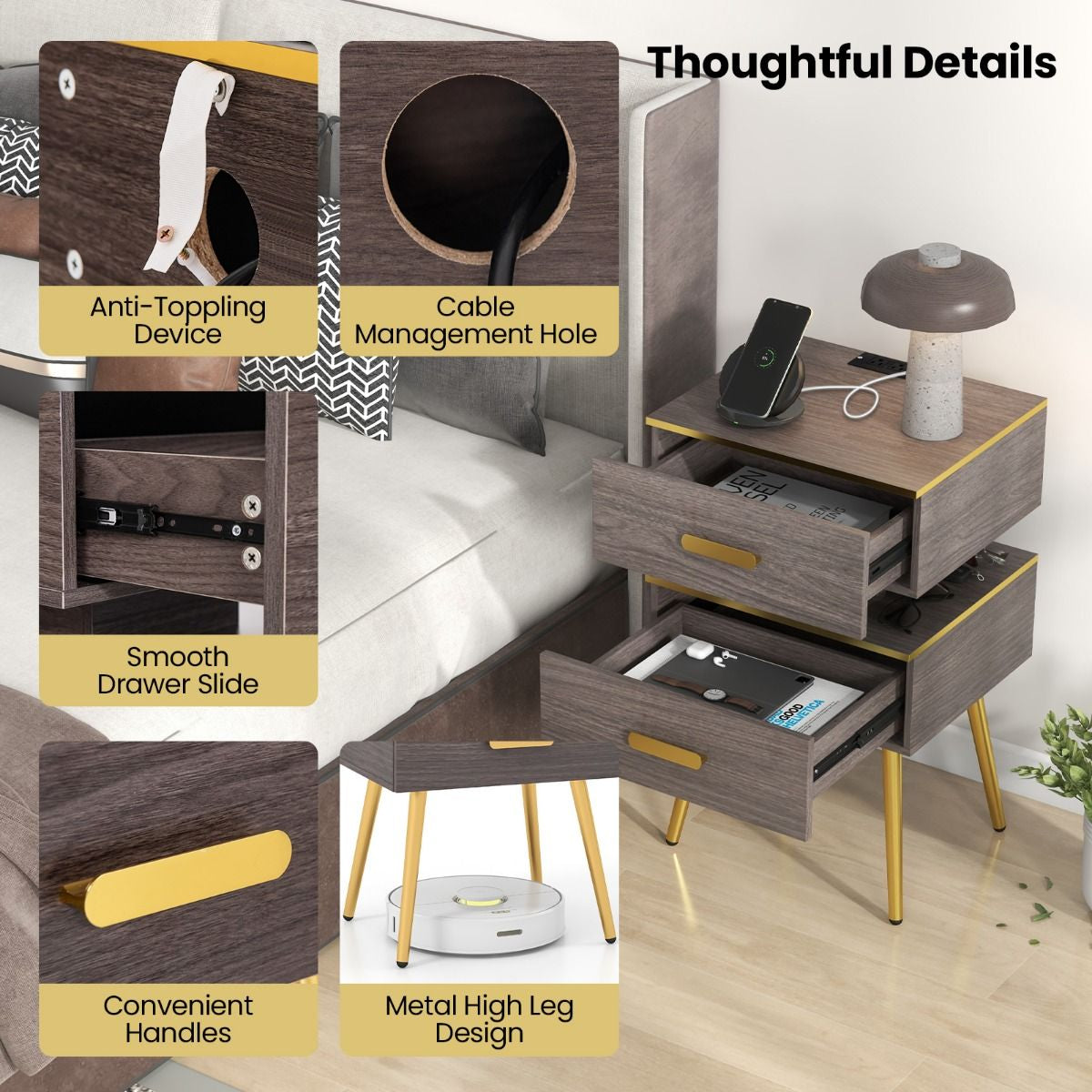 Bedside Sofa Side Tables with 2 Drawers and 2 USB Ports