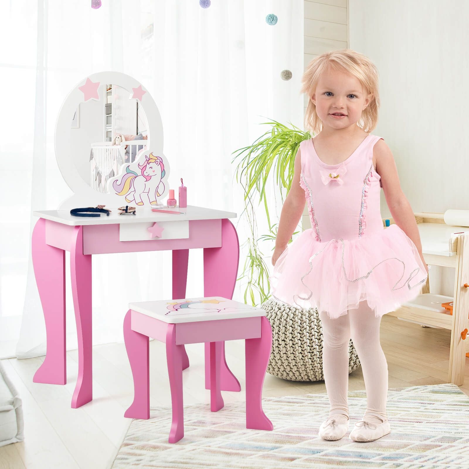 Kids Vanity Table and Chair Set with Mirror and Detachable Top